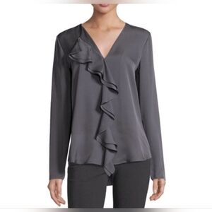THEORY Jastrid Modern Blouse Women’s L Gray 100% Silk V Neck Ruffle Long Sleeve